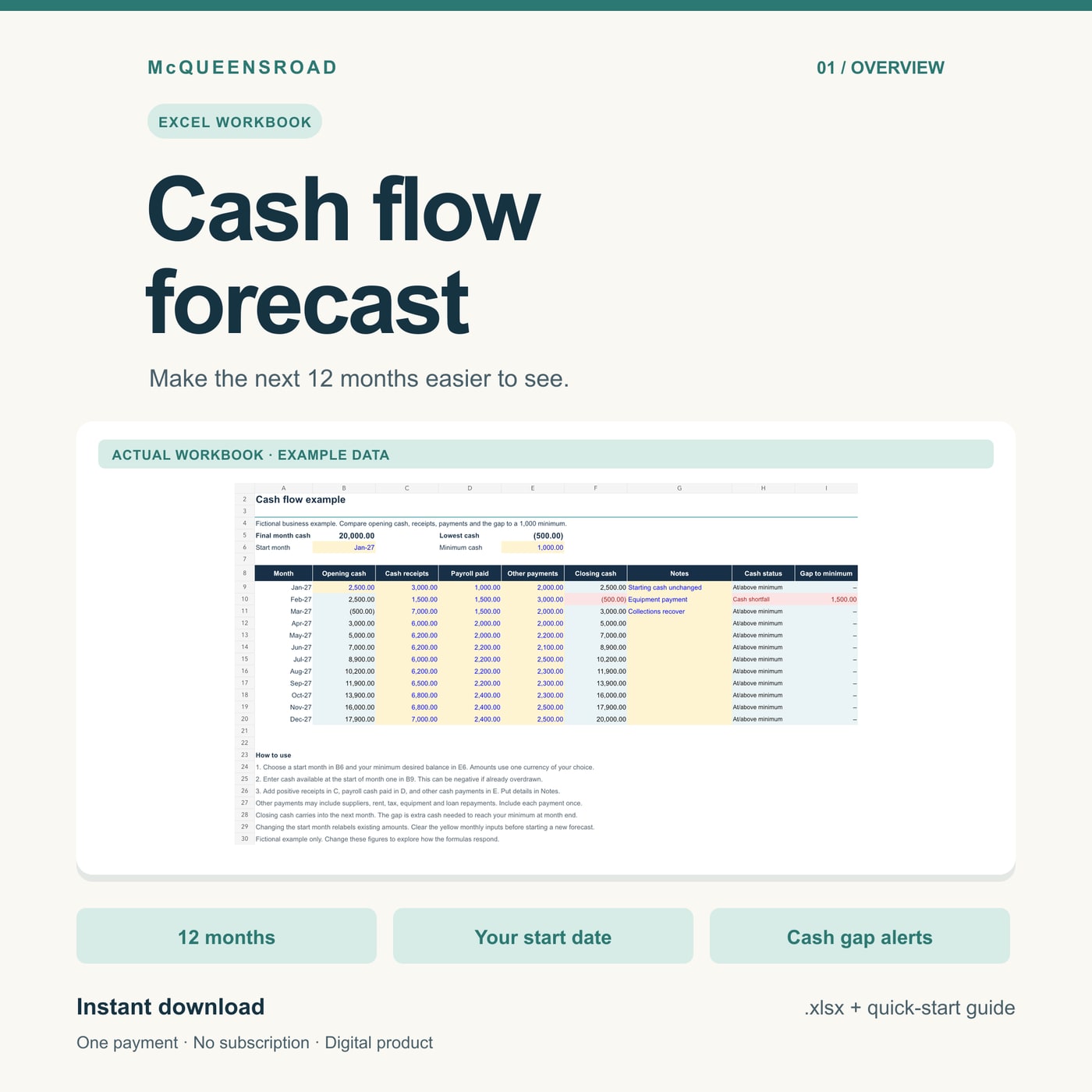 Cash flow forecast spreadsheet — actual workbook preview with fictional example data