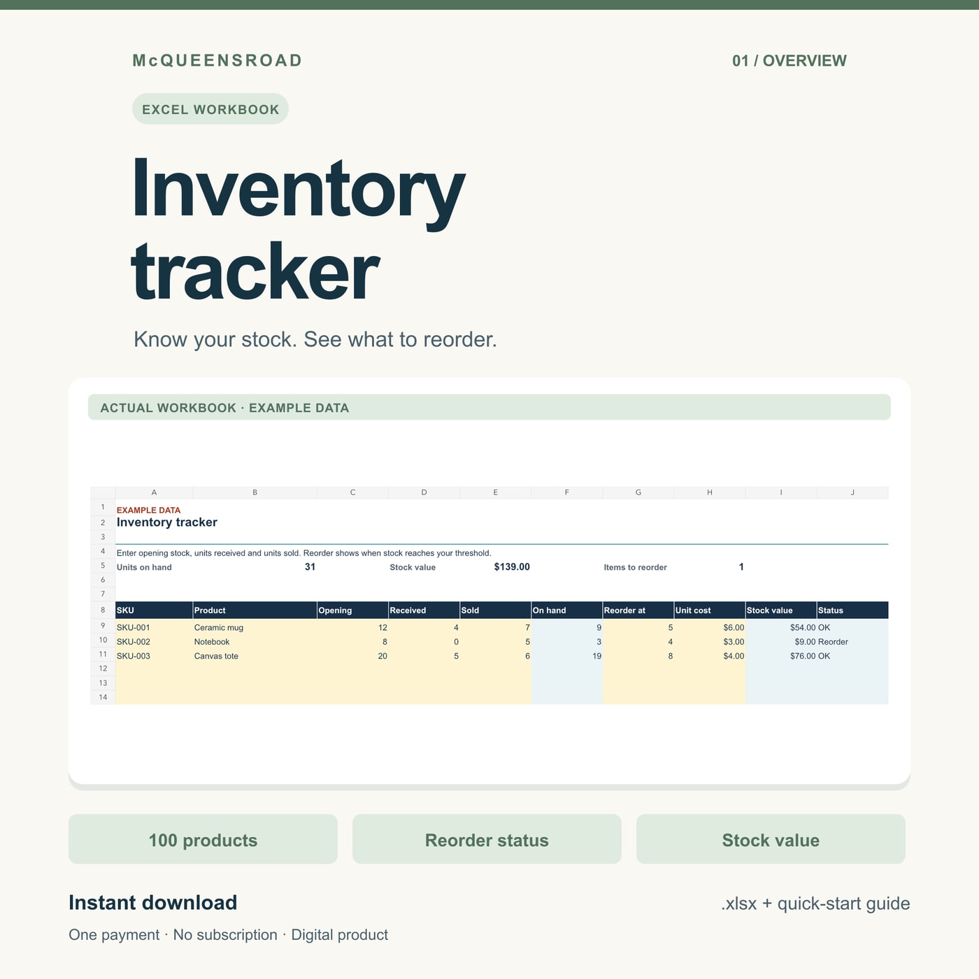 Inventory tracker spreadsheet — actual workbook preview with fictional example data