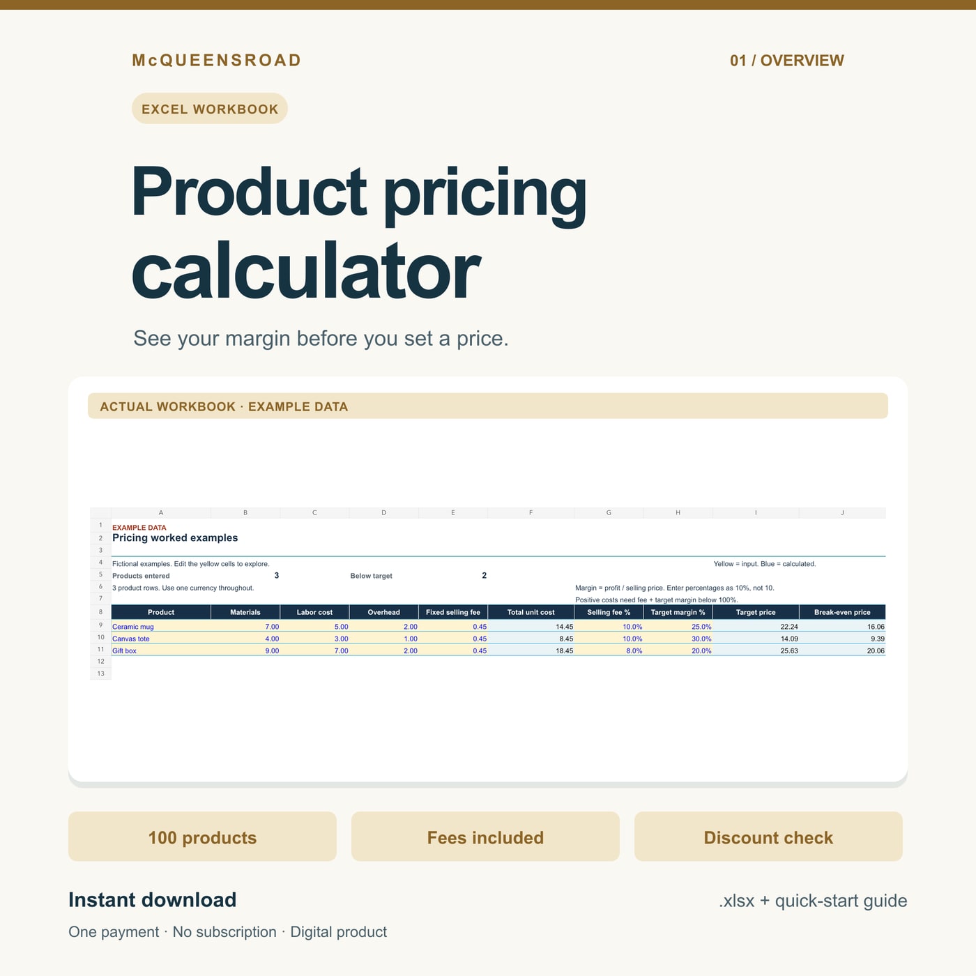 Product pricing calculator — actual workbook preview with fictional example data