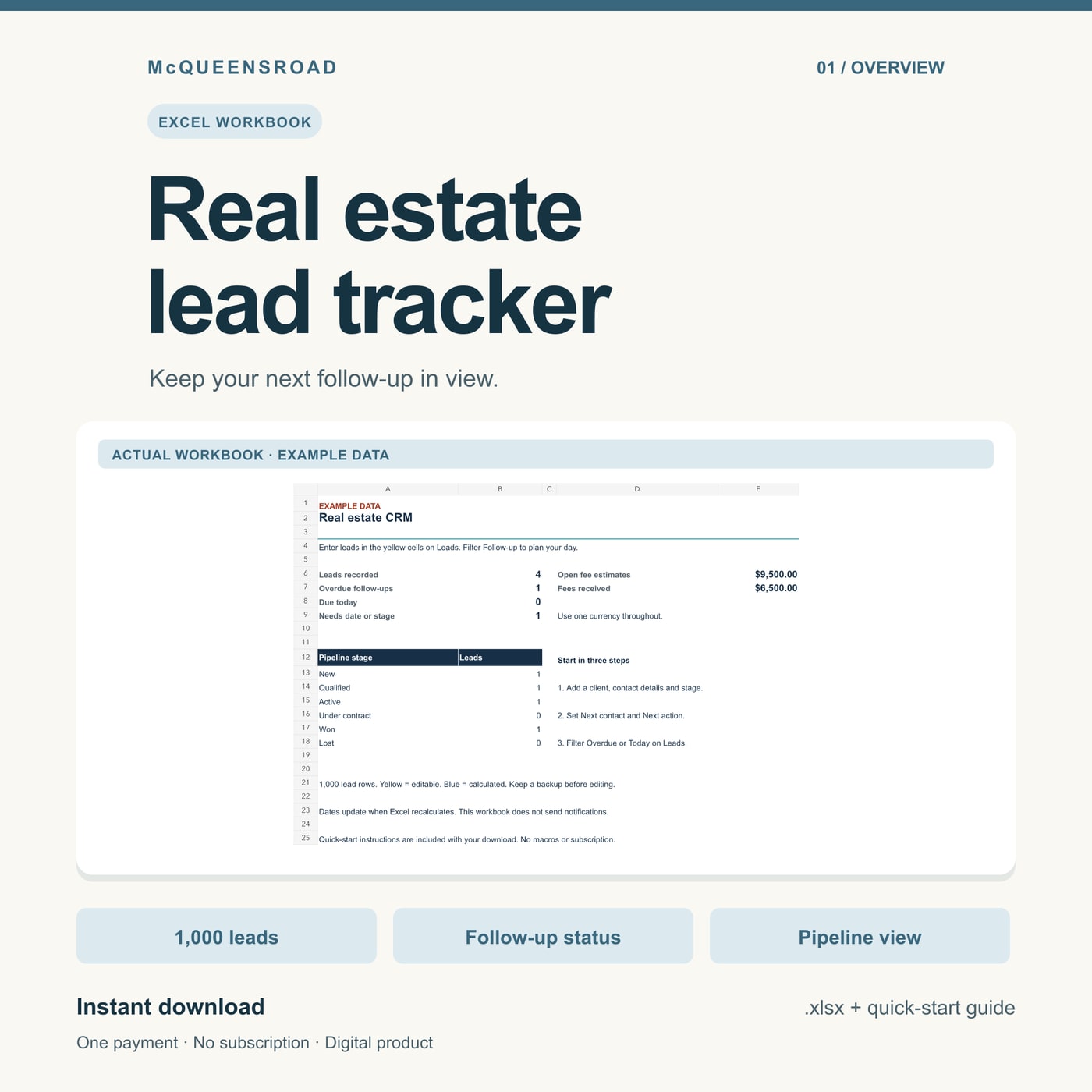 Real estate lead tracker — actual workbook preview with fictional example data