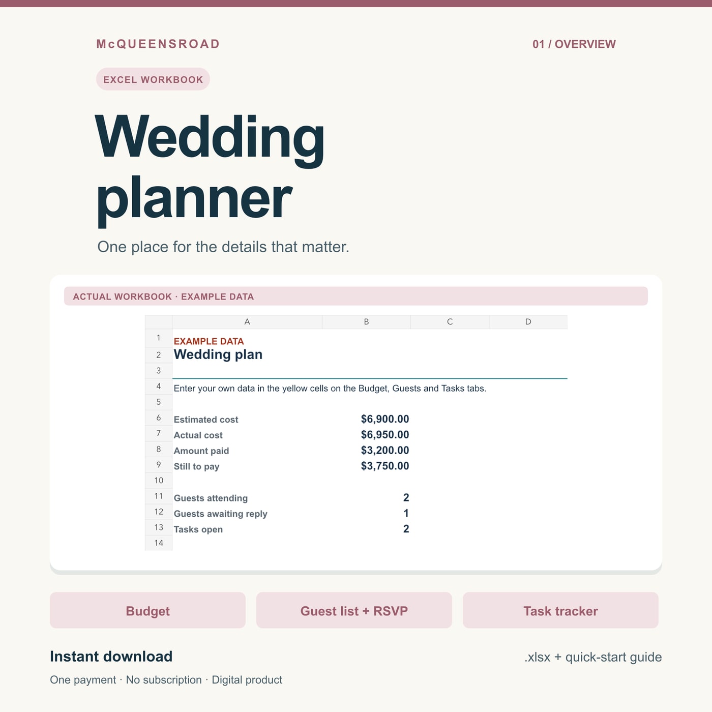 Wedding planner spreadsheet — actual workbook preview with fictional example data